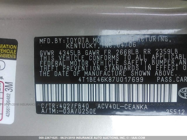 4T1BE46K87U017699 - 2007 TOYOTA CAMRY NEW GENERAT CE/LE/XLE/SE TAN photo 9