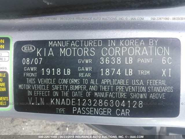 KNADE123286304128 - 2008 KIA RIO LX/SX SILVER photo 9