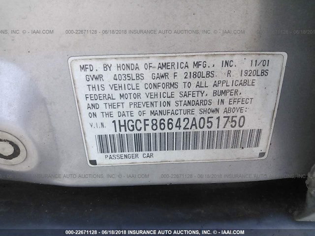 1HGCF86642A051750 - 2002 HONDA ACCORD VALUE SILVER photo 9