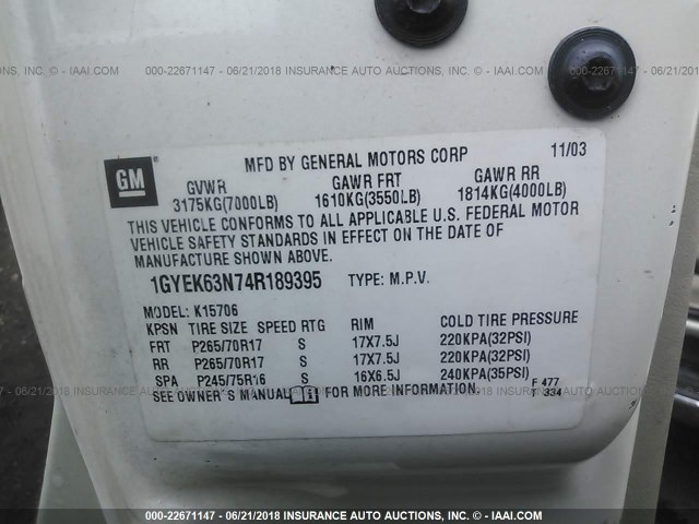 1GYEK63N74R189395 - 2004 CADILLAC ESCALADE LUXURY თეთრი ფოტო 9