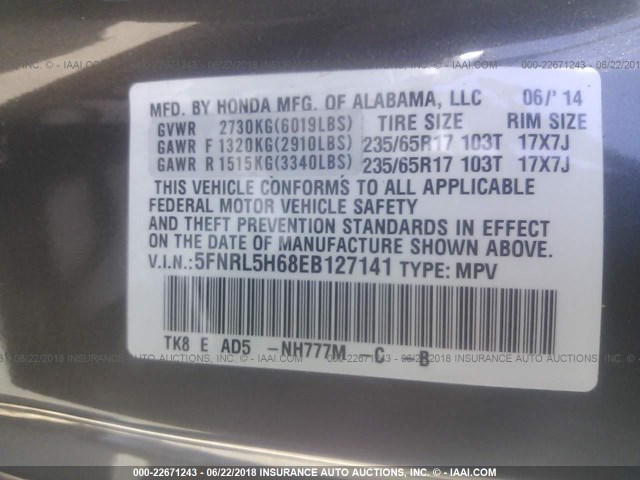 5FNRL5H68EB127141 - 2014 HONDA ODYSSEY EXL GRAY photo 9