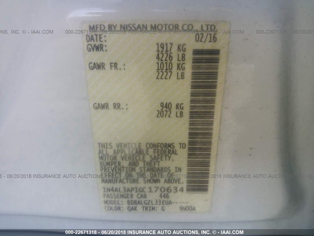 1N4AL3AP1GC170634 - 2016 NISSAN ALTIMA 2.5/S/SV/SL/SR Ağ foto 9