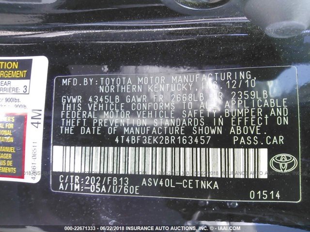 4T4BF3EK2BR163457 - 2011 TOYOTA CAMRY SE/LE/XLE BLACK photo 9