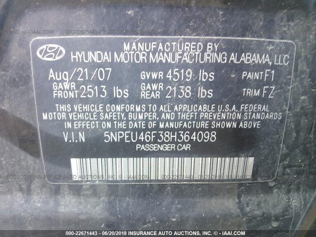 5NPEU46F38H364098 - 2008 HYUNDAI SONATA SE/LIMITED BLACK photo 9