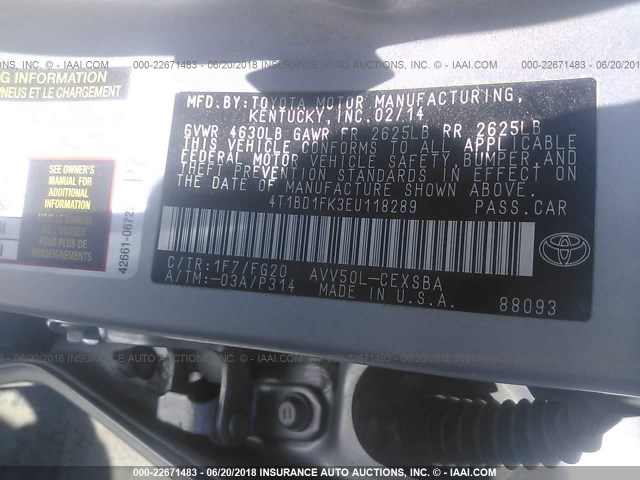 4T1BD1FK3EU118289 - 2014 TOYOTA CAMRY HYBRID/LE/XLE ვერცხლისფერი ფოტო 9