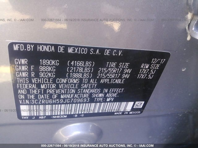 3CZRU6H59JG709693 - 2018 HONDA HR-V EX SILVER photo 9