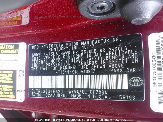 4T1B11HK1JU540867 - 2018 TOYOTA CAMRY L/LE/XLE/SE/XSE RED photo 9