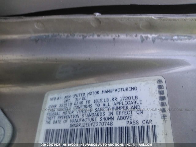 1NXBR12E0YZ370748 - 2000 TOYOTA COROLLA VE/CE/LE 金色 照片 9