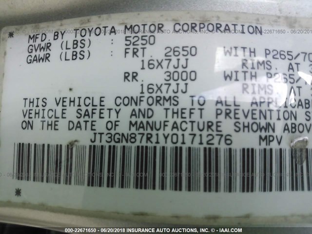 JT3GN87R1Y0171276 - 2000 TOYOTA 4RUNNER LIMITED SILVER photo 9