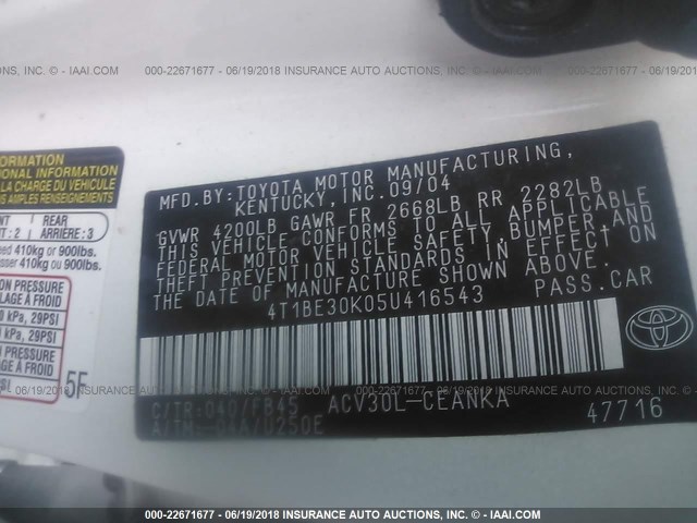 4T1BE30K05U416543 - 2005 TOYOTA CAMRY LE/XLE/SE თეთრი ფოტო 9