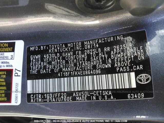 4T1BF1FK4EU864096 - 2014 TOYOTA CAMRY L/SE/LE/XLE 灰色 照片 9