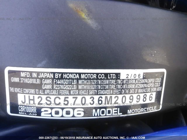 JH2SC57036M209986 - 2006 HONDA CBR1000 RR BLUE photo 10