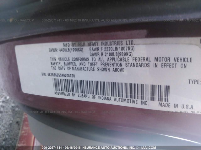 4S3BE625346205370 - 2004 SUBARU LEGACY L SPECIAL BURGUNDY photo 9