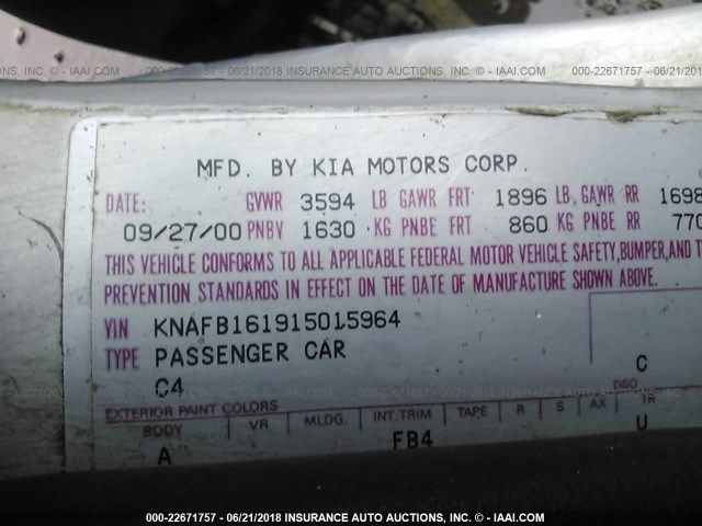 KNAFB161915015964 - 2001 KIA SPECTRA GS/GSX SILVER photo 9