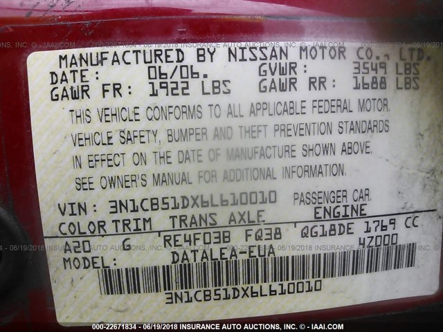 3N1CB51DX6L610010 - 2006 NISSAN SENTRA 1.8/1.8S RED photo 9