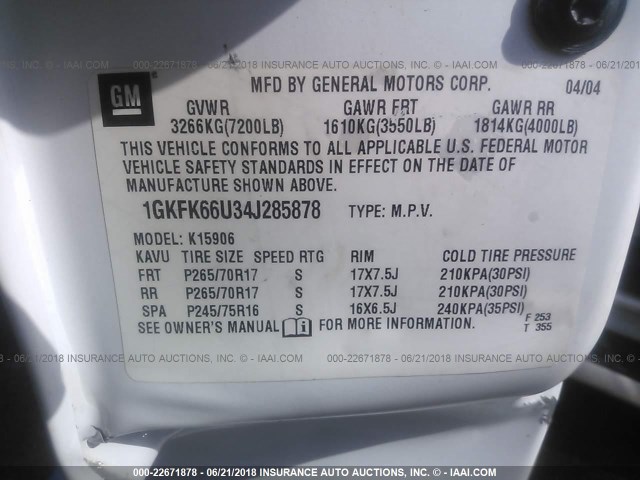 1GKFK66U34J285878 - 2004 GMC YUKON XL DENALI WHITE photo 9