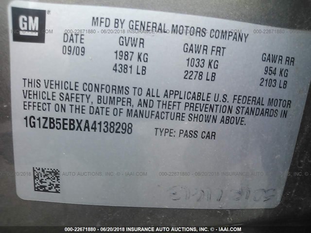 1G1ZB5EBXA4138298 - 2010 CHEVROLET MALIBU LS Pewter photo 9