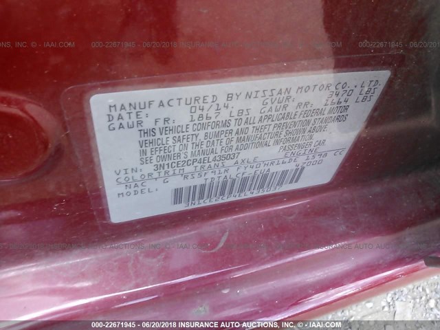 3N1CE2CP4EL435037 - 2014 NISSAN VERSA NOTE S/S PLUS/SV/SL RED photo 9