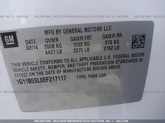 1G11B5SL8EF217117 - 2014 CHEVROLET MALIBU LS WHITE photo 9