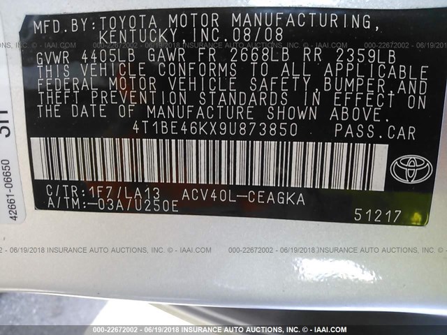 4T1BE46KX9U873850 - 2009 TOYOTA CAMRY SE/LE/XLE 银色 照片 9