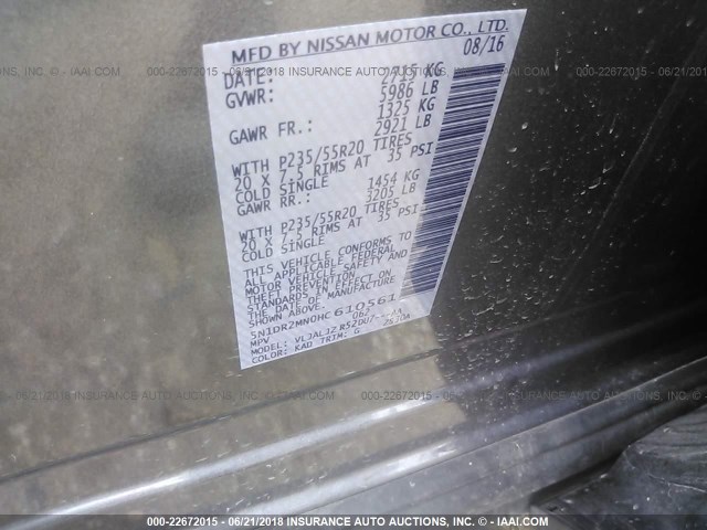 5N1DR2MN0HC610561 - 2017 NISSAN PATHFINDER S/SV/SL/PLATINUM 灰色 照片 9