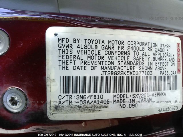 JT2BG22K5X0377103 - 1999 TOYOTA CAMRY LE/XLE RED photo 9