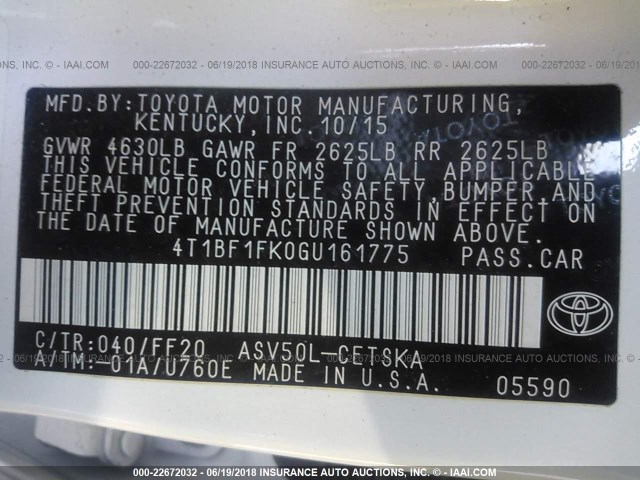4T1BF1FK0GU161775 - 2016 TOYOTA CAMRY LE/XLE/SE/XSE WHITE photo 9