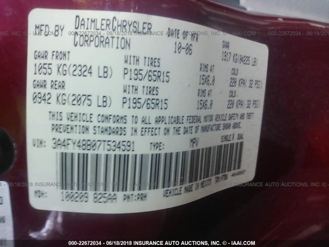 3A4FY48B07T534591 - 2007 CHRYSLER PT CRUISER BURGUNDY photo 9