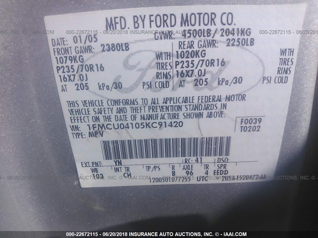 1FMCU04105KC91420 - 2005 FORD ESCAPE LIMITED SILVER photo 9