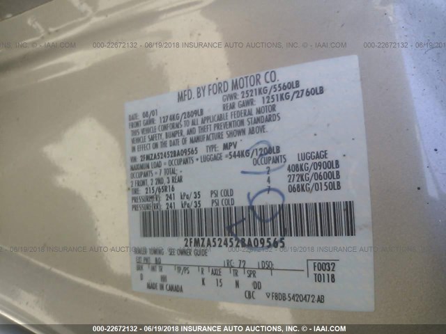 2FMZA52452BA09565 - 2002 FORD WINDSTAR SE Champagne photo 9