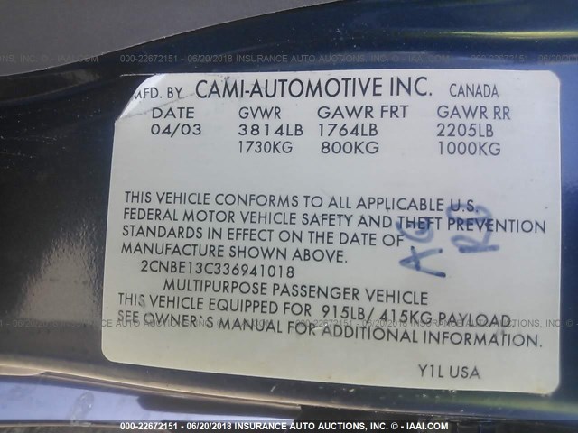 2CNBE13C336941018 - 2003 CHEVROLET TRACKER BLUE photo 9