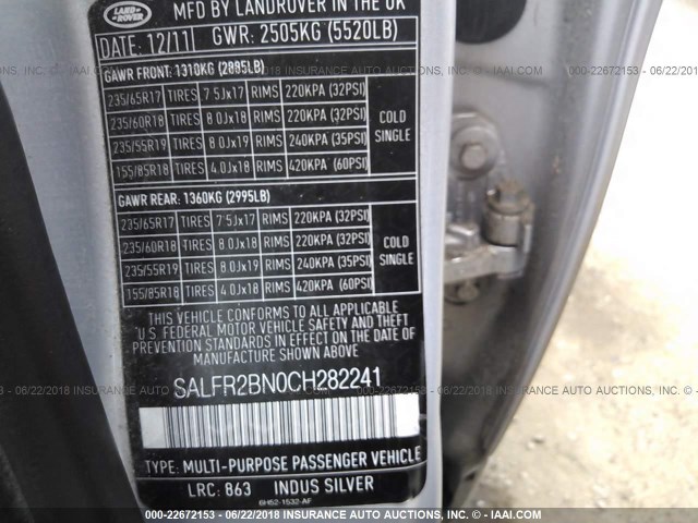 SALFR2BN0CH282241 - 2012 LAND ROVER LR2 HSE SILVER photo 9