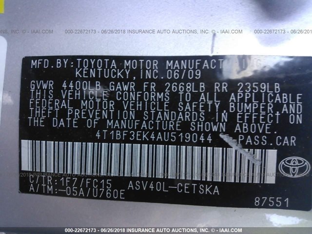 4T1BF3EK4AU519044 - 2010 TOYOTA CAMRY SE/LE/XLE ვერცხლისფერი ფოტო 9
