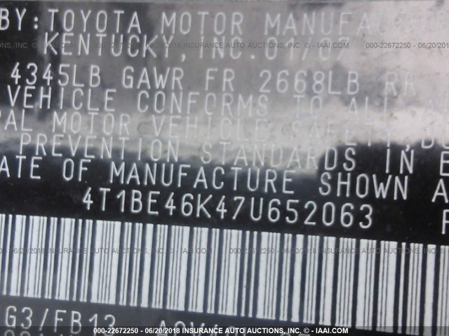 4T1BE46K47U652063 - 2007 TOYOTA CAMRY NEW GENERAT CE/LE/XLE/SE GRAY photo 9
