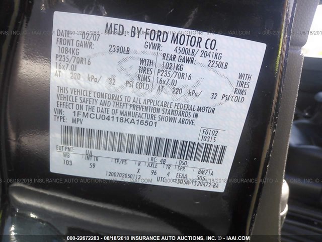 1FMCU04118KA16501 - 2008 FORD ESCAPE LIMITED BLACK photo 9