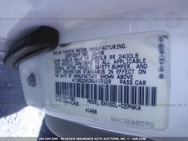 4T1BG22K0XU439129 - 1999 TOYOTA CAMRY CE/LE/XLE WHITE photo 9