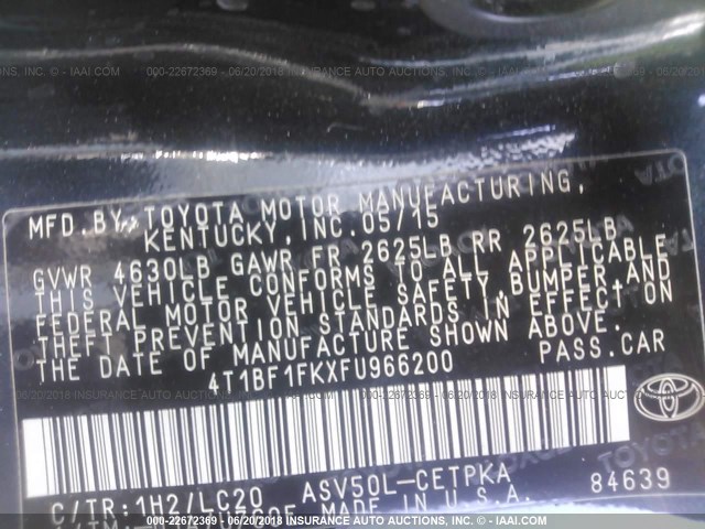 4T1BF1FKXFU966200 - 2015 TOYOTA CAMRY LE/XLE/SE/XSE 灰色 照片 9