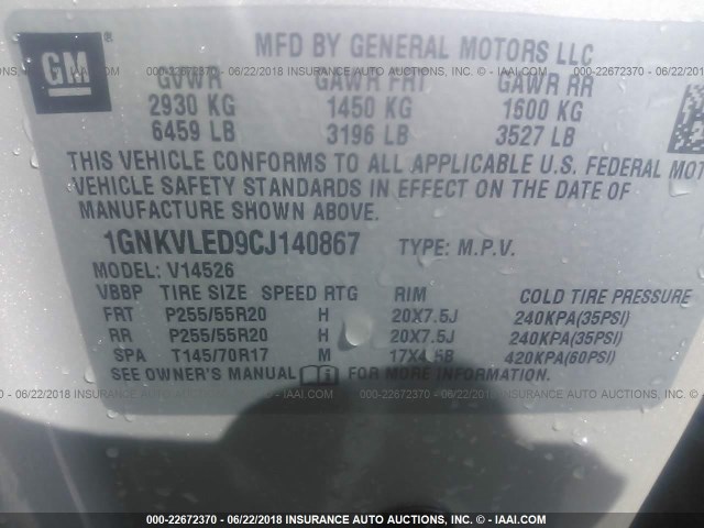 1GNKVLED9CJ140867 - 2012 CHEVROLET TRAVERSE LTZ GOLD photo 9