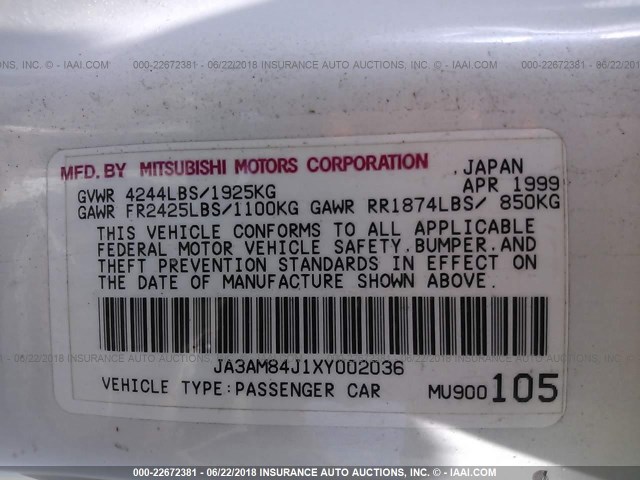 JA3AM84J1XY002036 - 1999 MITSUBISHI 3000 GT SL WHITE photo 9