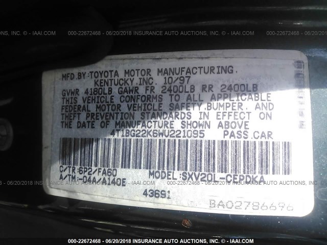 4T1BG22K6WU221095 - 1998 TOYOTA CAMRY CE/LE/XLE 绿色 照片 9