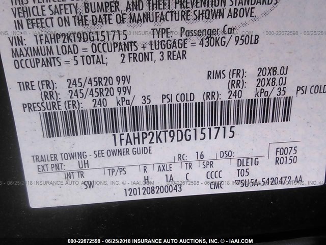 1FAHP2KT9DG151715 - 2013 FORD TAURUS SHO BLACK photo 9