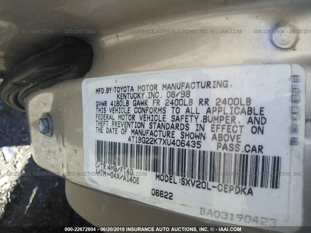 4T1BG22K7XU406435 - 1999 TOYOTA CAMRY CE/LE/XLE 金色 照片 9