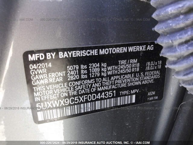 5UXWX9C5XF0D44351 - 2015 BMW X3 XDRIVE28I GRAY photo 9