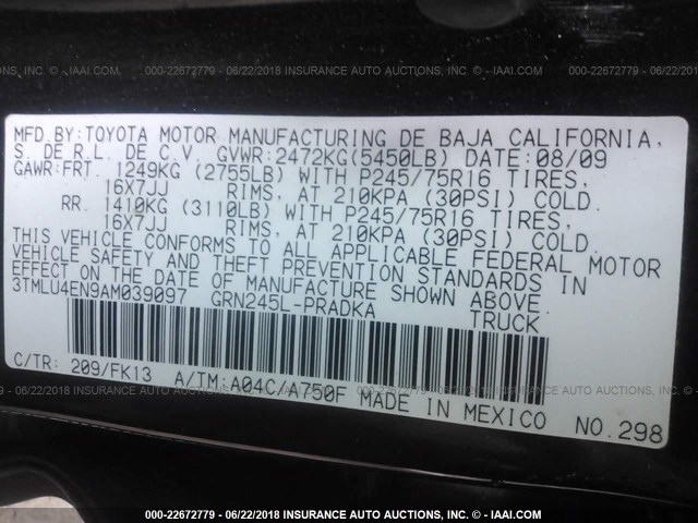 3TMLU4EN9AM039097 - 2010 TOYOTA TACOMA DOUBLE CAB შავი ფოტო 9