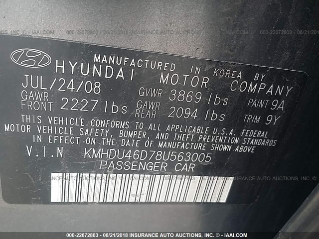 KMHDU46D78U563005 - 2008 HYUNDAI ELANTRA GLS/SE/LIMITED GRAY photo 9