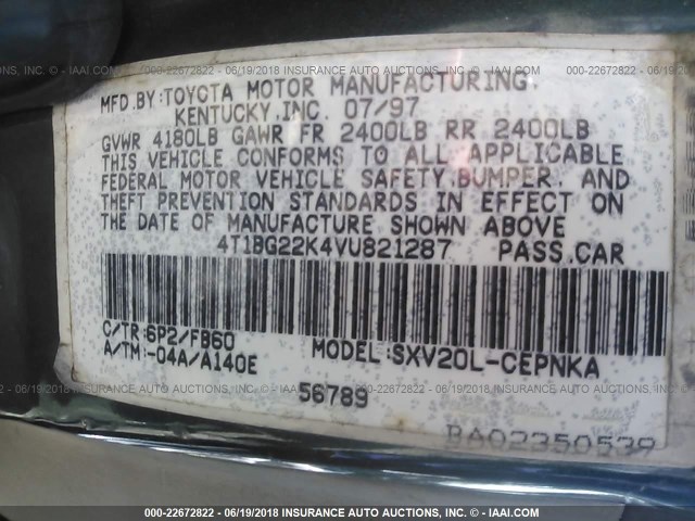 4T1BG22K4VU821287 - 1997 TOYOTA CAMRY CE/LE/XLE 绿色 照片 9