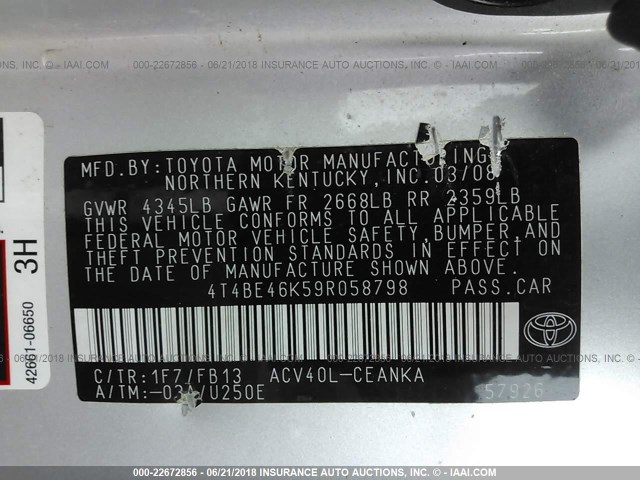4T4BE46K59R058798 - 2009 TOYOTA CAMRY SE/LE/XLE 银色 照片 9