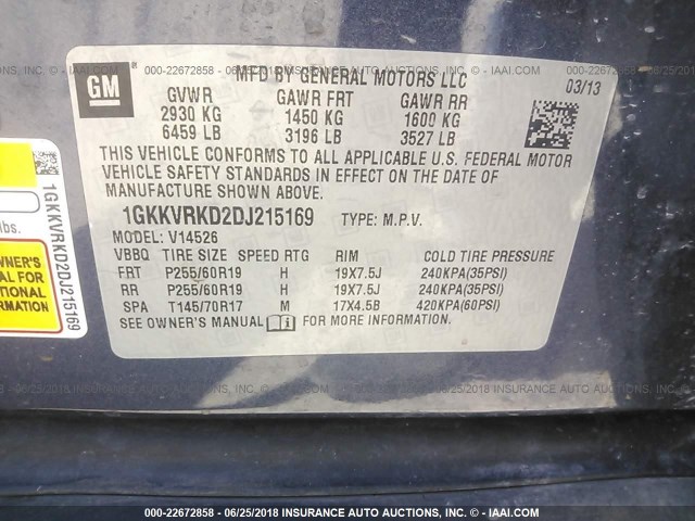 1GKKVRKD2DJ215169 - 2013 GMC ACADIA SLT-1 Синій фото 9