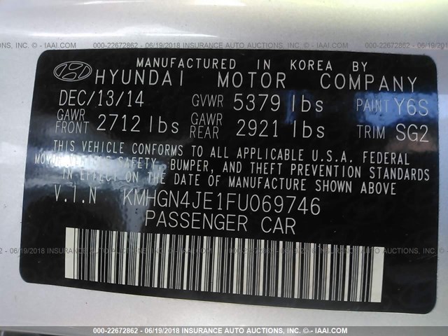 KMHGN4JE1FU069746 - 2015 HYUNDAI GENESIS 3.8L SILVER photo 9