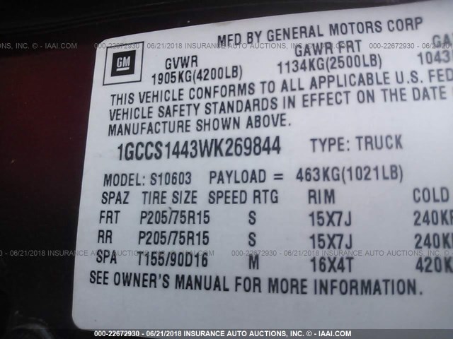 1GCCS1443WK269844 - 1998 CHEVROLET S TRUCK S10 MAROON photo 9